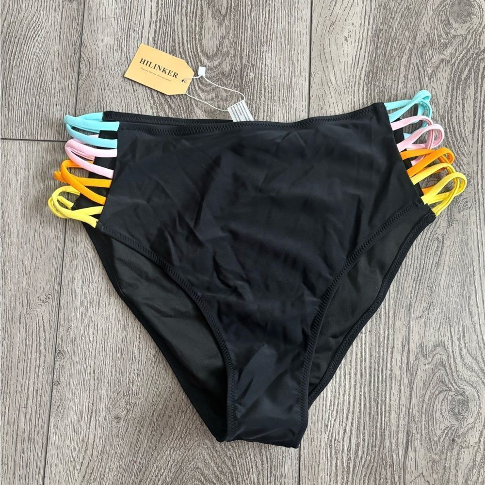 Hilinker Women's Black Multi-Color Strap Bikini Bottom